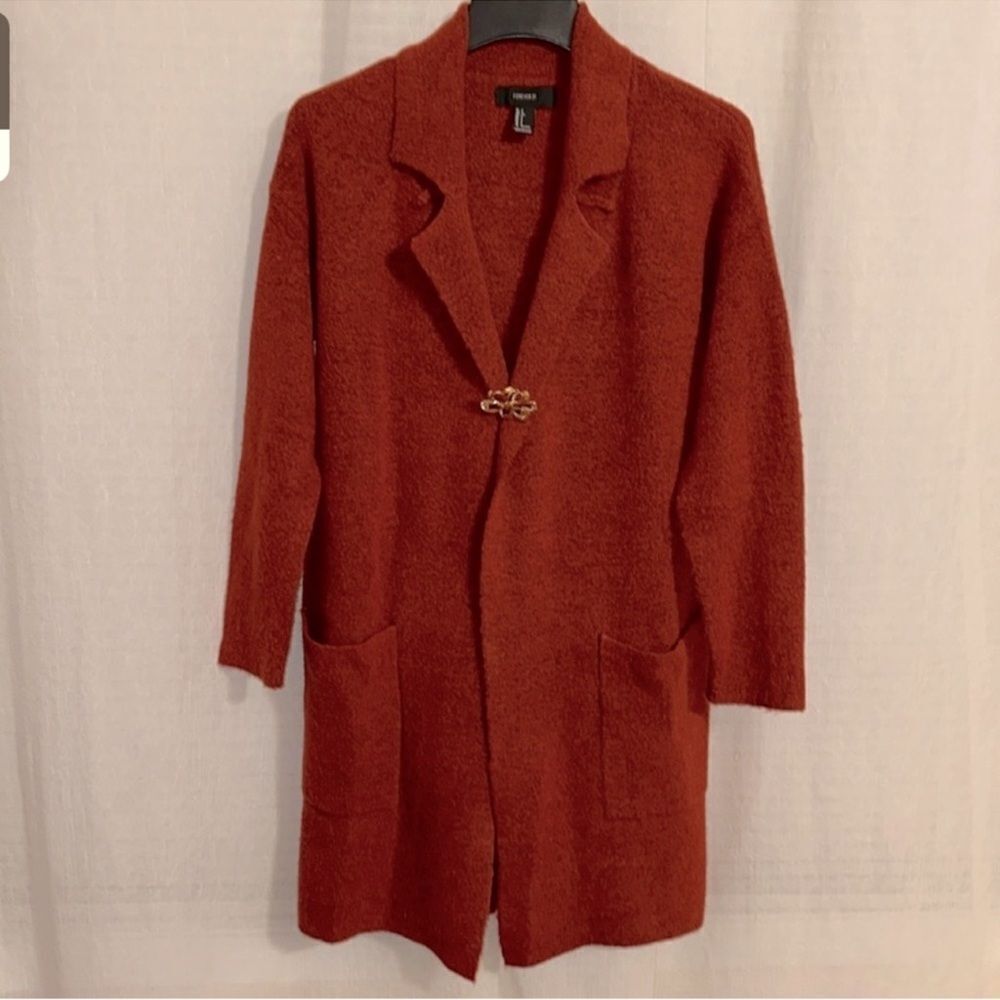 F21 S Oversized Rust Tomato Red Open Front Collared Knit Long Cardigan Duster